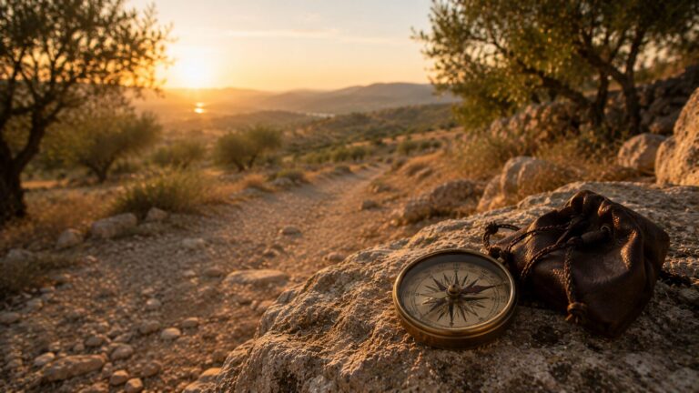 Proverbs 4 Commentary - Featured Image - Sunset path with compass and pouch