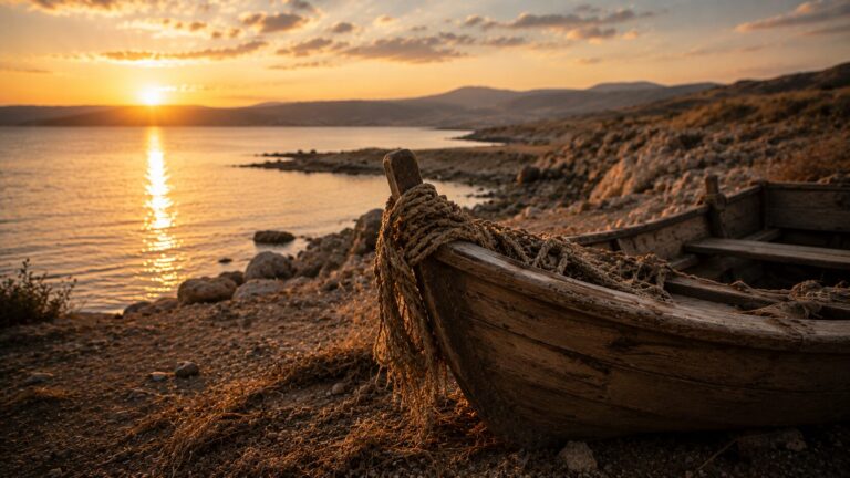 Psalm 107 Commentary - Featured Image - Beached boat at sunset shore