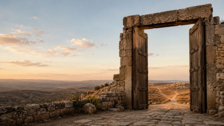 Psalm 117 Commentary - Featured Image - Ancient gate opening to golden hills