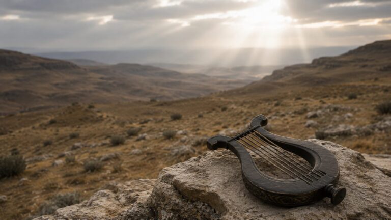 Psalm 12 Commentary - Featured Image - Bronze lyre on rocky terrain