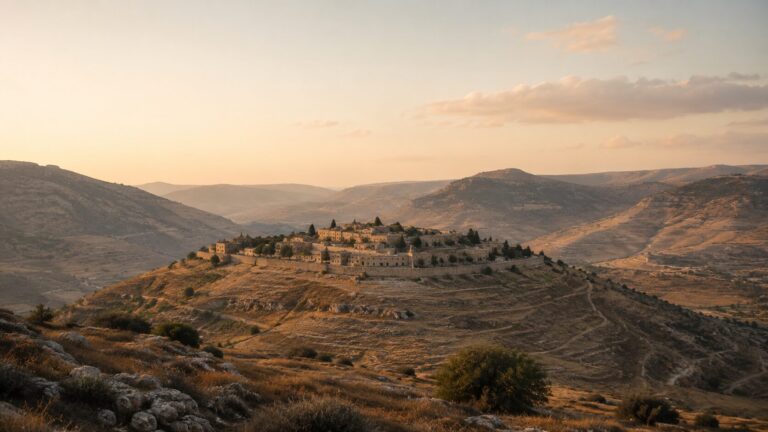 Psalm 125 Commentary - Featured Image - Hillside settlement under warm evening sky