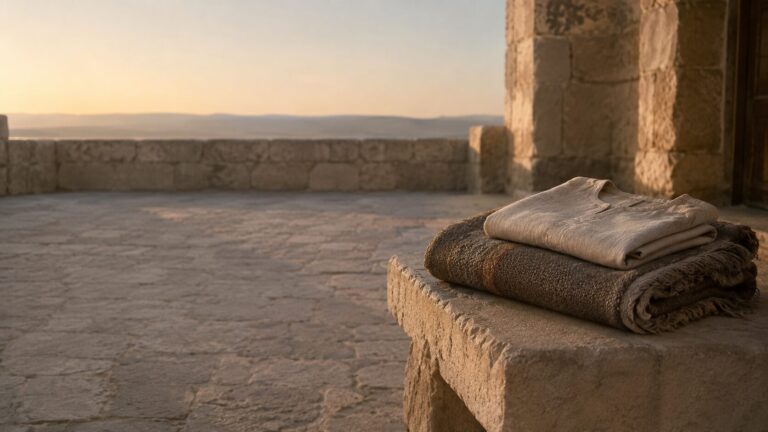 Psalm 131 Commentary - Featured Image - Sunlit stone courtyard with folded textiles