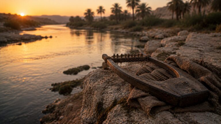 Psalm 137 Commentary - Featured Image - Serene riverside with lyre at sunset