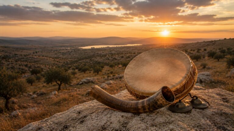 Psalm 150 Commentary - Featured Image - Instruments at sunset on rocky terrain