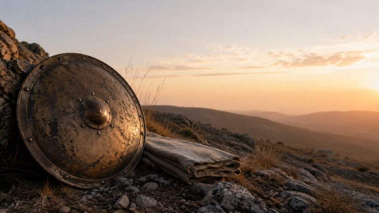 Psalm 3 Commentary - Featured Image - Bronze shield at sunset in nature