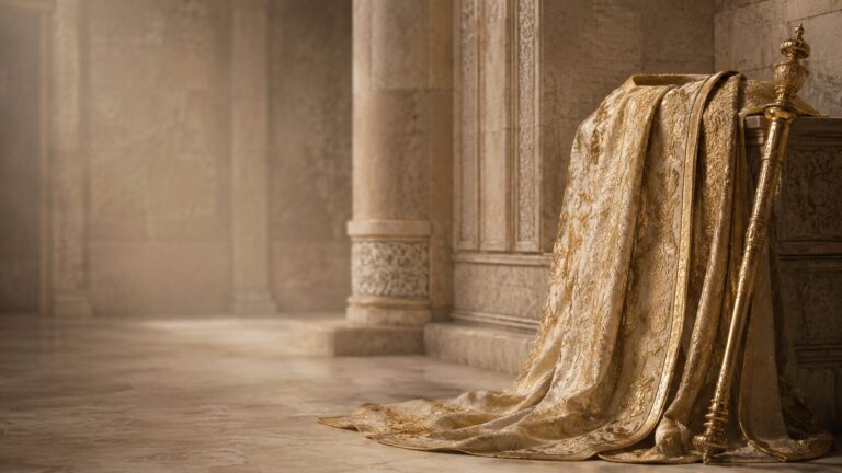 Psalm 45 Commentary - Featured Image - Regal stone hall with embroidered robe