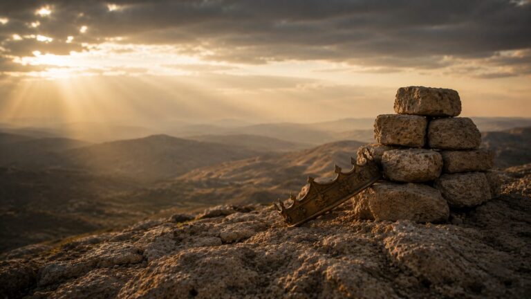 Psalm 75 Commentary - Featured Image - Golden hour crown and cairn
