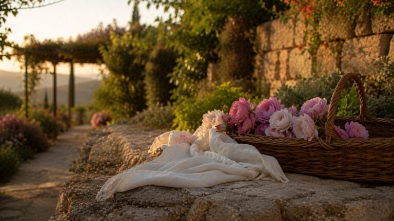 Song of Solomon 4 Commentary - Featured Image - Sunlit garden with woven basket and blooms