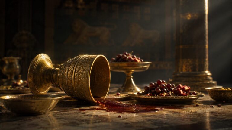 Daniel 5 Commentary - Featured Image - Golden goblet spill in ancient hall