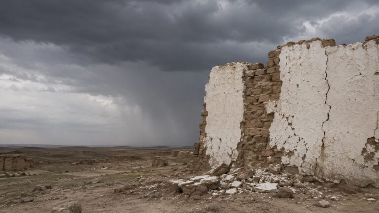 Ezekiel 13 Commentary - Featured Image - a desolate landscape with an ancient, crumbling wall made of mud bricks or adobe