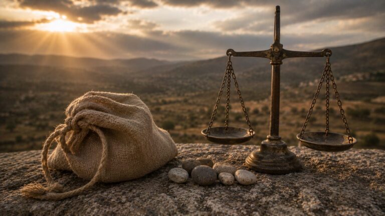 Ezekiel 18 Commentary - Featured Image - Rustic scale at dusk with sack
