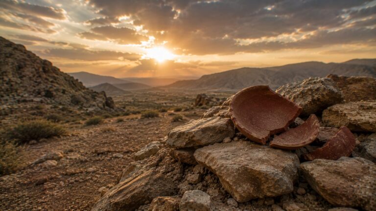 Ezekiel 35 Commentary - Featured Image - Desert dusk with shattered pottery fragments