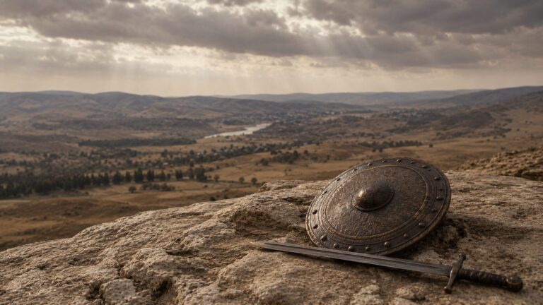 Ezekiel 38 Commentary - Featured Image - Shield and sword on the cliff edge