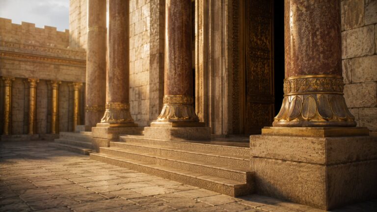 Ezekiel 41 Commentary - Featured Image - Golden temple entrance bathed in sunlight
