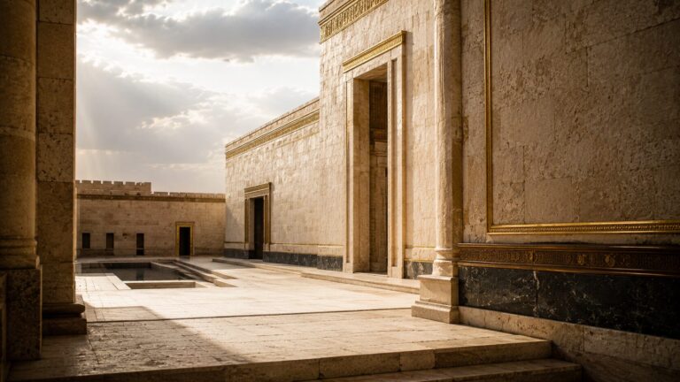 Ezekiel 42 Commentary - Featured Image - Ancient temple courtyard in golden light