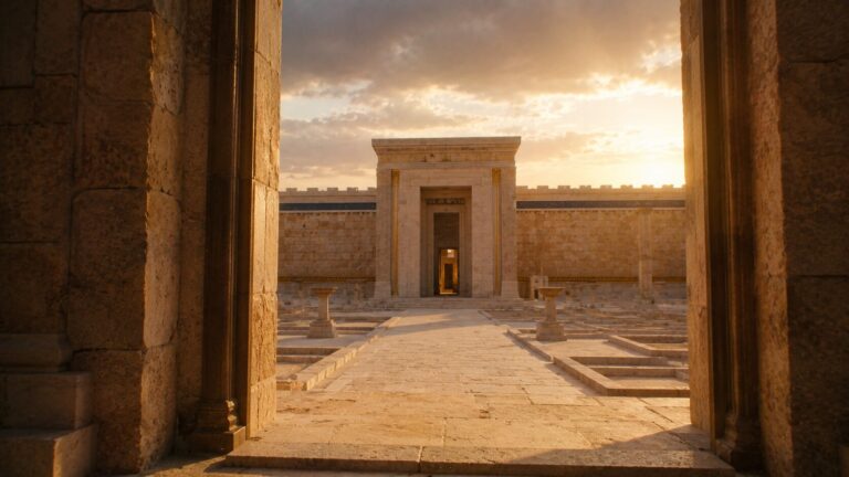 Ezekiel 43 Commentary - Featured Image - Golden hour at the ancient temple gate