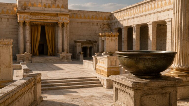 Ezekiel 46 Commentary - Featured Image - Ancient temple courtyard with golden accents