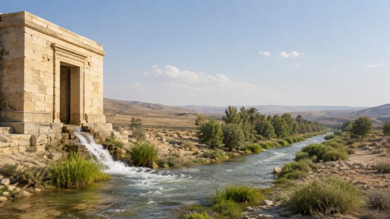 Ezekiel 47 Commentary - Featured Image - Flowing waters by ancient stone temple