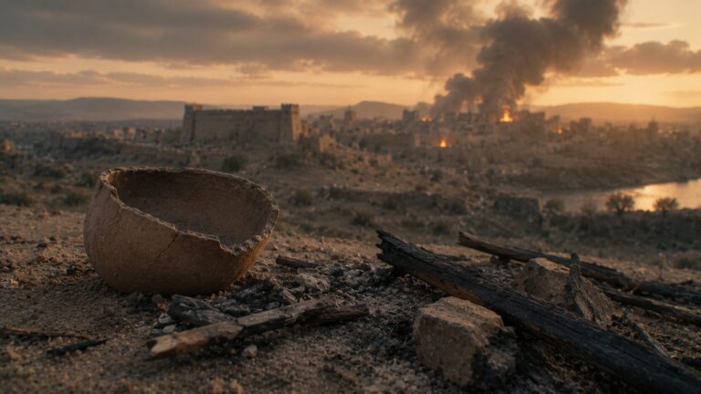 Ezekiel 7 Commentary - Featured Image - Ruins by the burning city