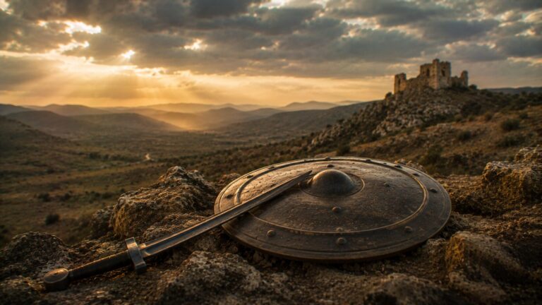 Joel 3 Commentary - Featured Image - Abandoned shield and sword at dusk