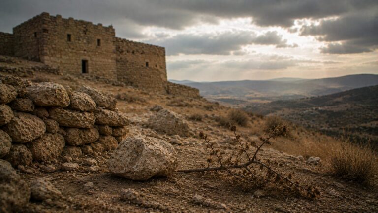 Micah 2 Commentary - Featured Image - Desolate stone ruins in rugged terrain