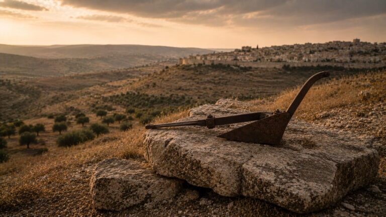 Micah 4 Commentary - Featured Image - Rusty plow and distant hillside town